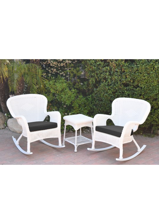 Windsor White Wicker Rocker Chair And End Table Set With Black Chair Cushion