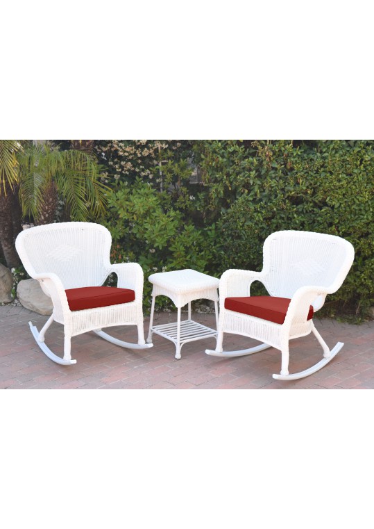 Windsor White Wicker Rocker Chair And End Table Set With Brick Red Chair Cushion