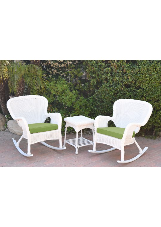 Windsor White Wicker Rocker Chair And End Table Set With Sage Green Chair Cushion