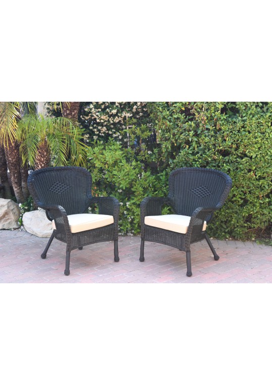 Set of 2 Windsor Black Resin Wicker Chair with Tan Cushions