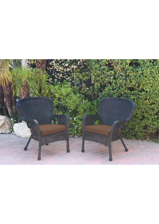 Set of 2 Windsor Black Resin Wicker Chair with Brown Cushions