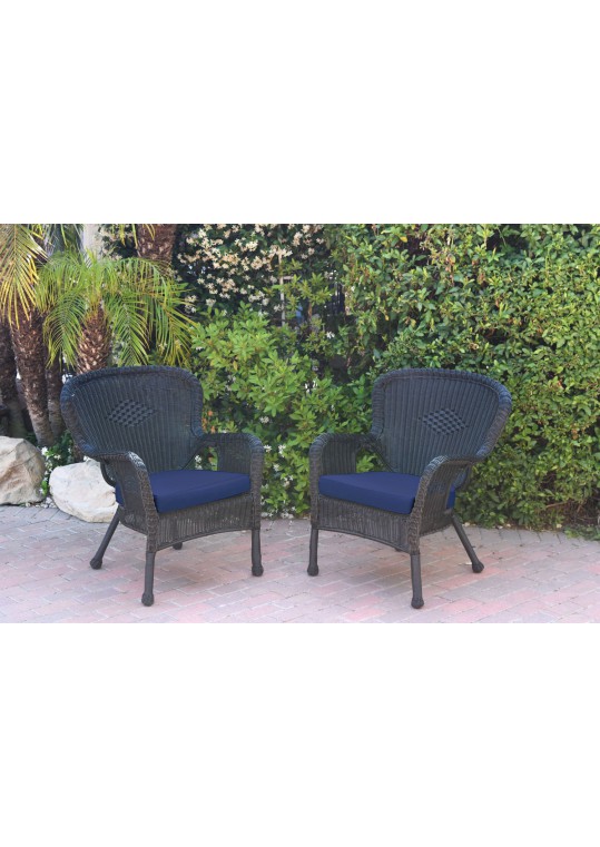 Set of 2 Windsor Black Resin Wicker Chair with Midnight Blue Cushions