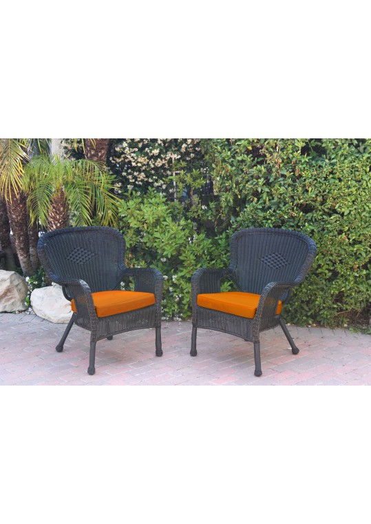 Set of 2 Windsor Black Resin Wicker Chair with Orange Cushions
