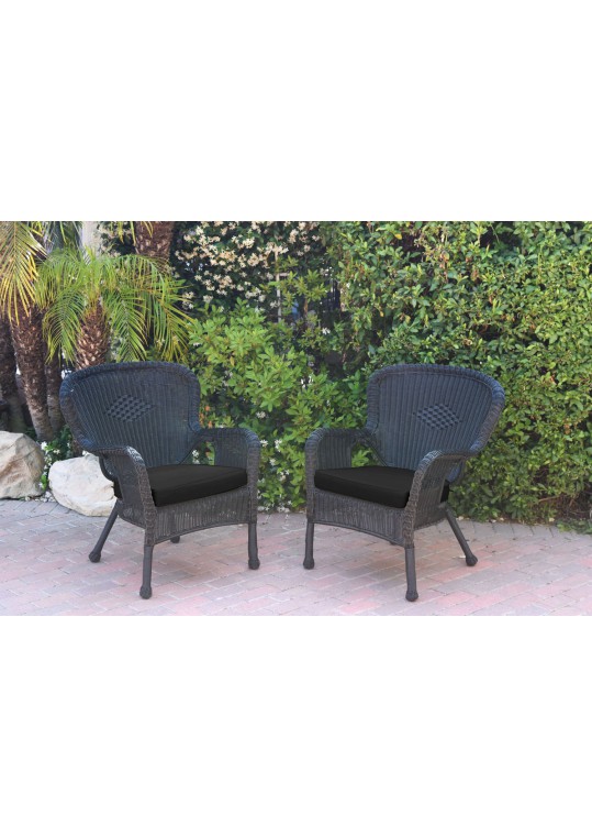Set of 2 Windsor Black Resin Wicker Chair with Black Cushions