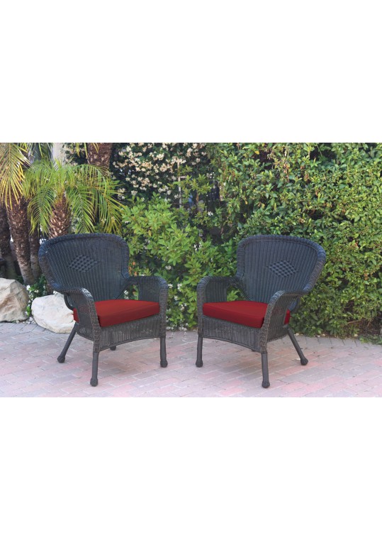 Set of 2 Windsor Black Resin Wicker Chair with Brick Red Cushions