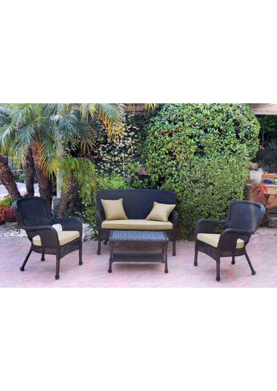 4pc Windsor Black Wicker Conversation Set - Tan Cushions
