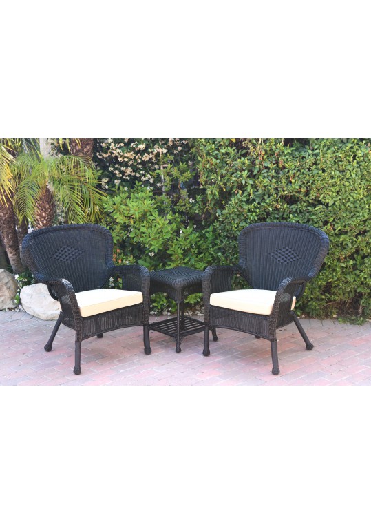 Windsor Black Wicker Chair And End Table Set With Tan Chair Cushion