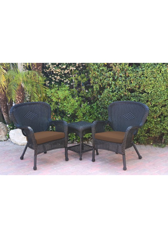 Windsor Black Wicker Chair And End Table Set With Brown Chair Cushion