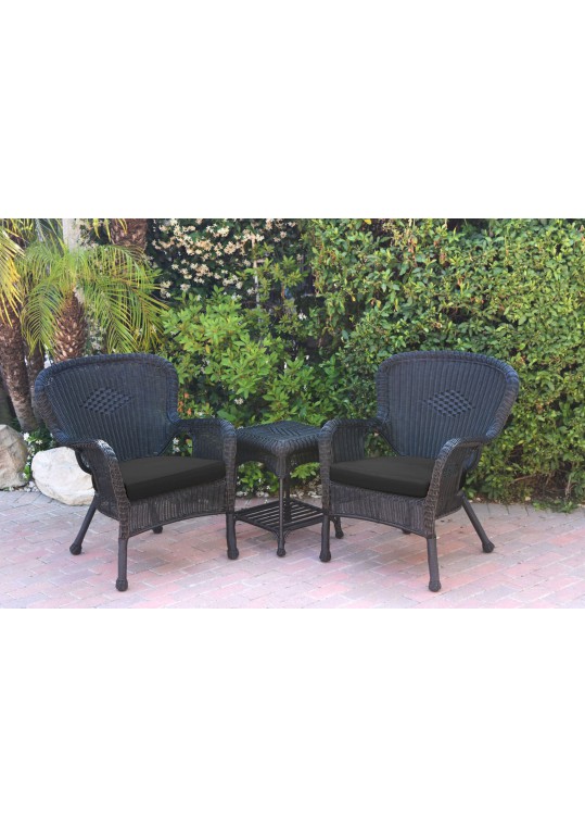 Windsor Black Wicker Chair And End Table Set With Black Chair Cushion