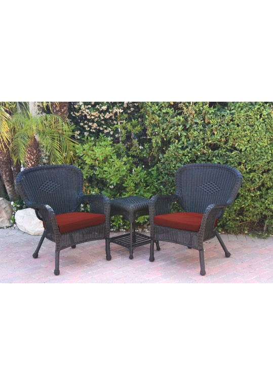 Windsor Black Wicker Chair And End Table Set With Brick Red Chair Cushion