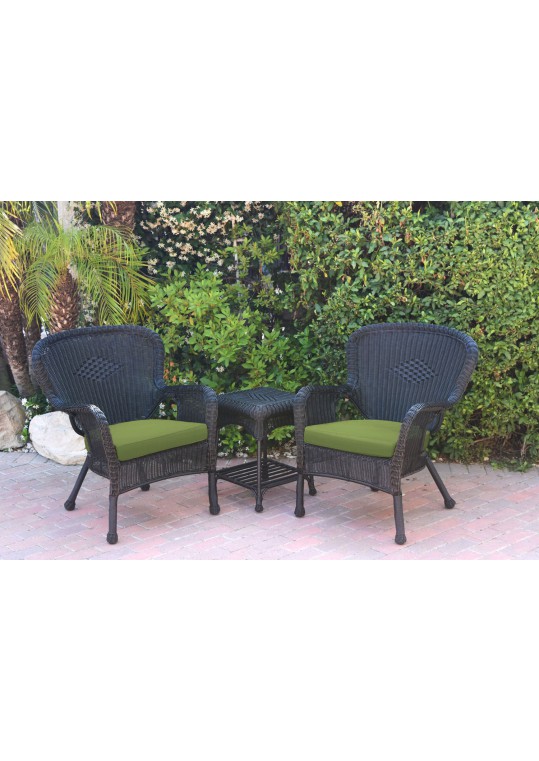 Windsor Black Wicker Chair And End Table Set With Sage Green Chair Cushion