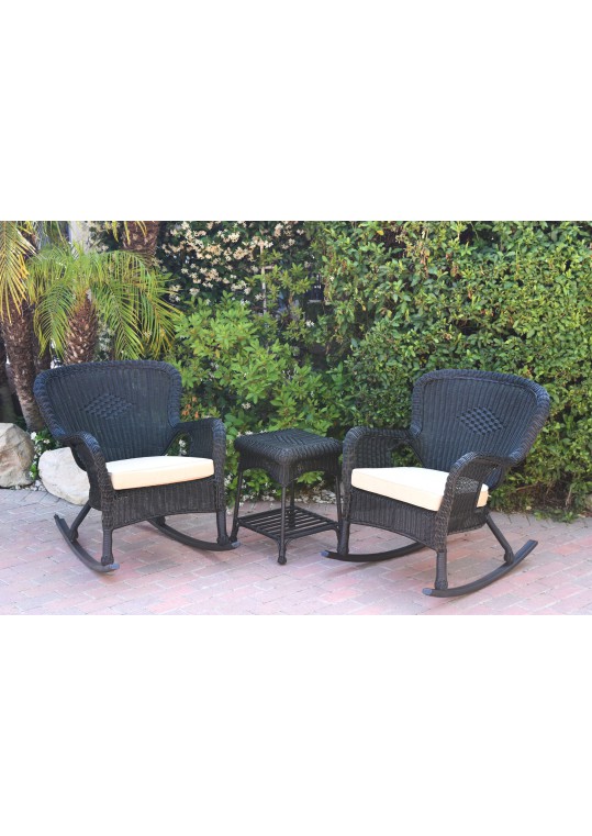 Windsor Black Wicker Rocker Chair And End Table Set With Tan Chair Cushion