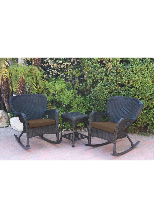 Windsor Black Wicker Rocker Chair And End Table Set With Brown Chair Cushion