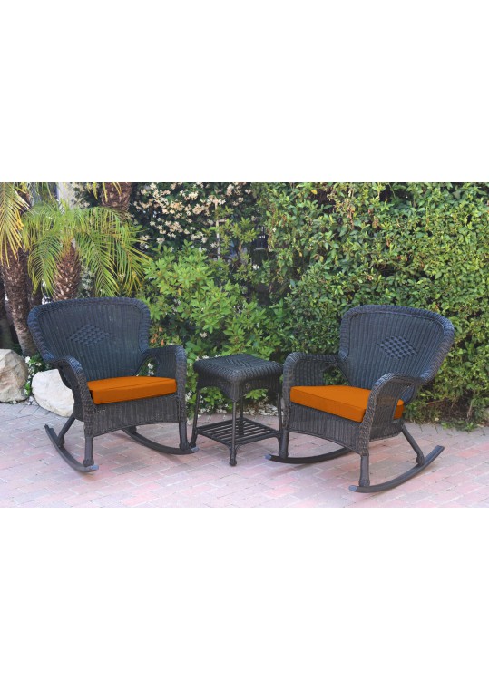 Windsor Black Wicker Rocker Chair And End Table Set With Orange Chair Cushion
