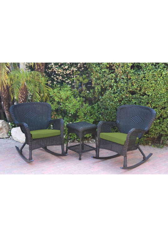 Windsor Black Wicker Rocker Chair And End Table Set With Sage Green Chair Cushion