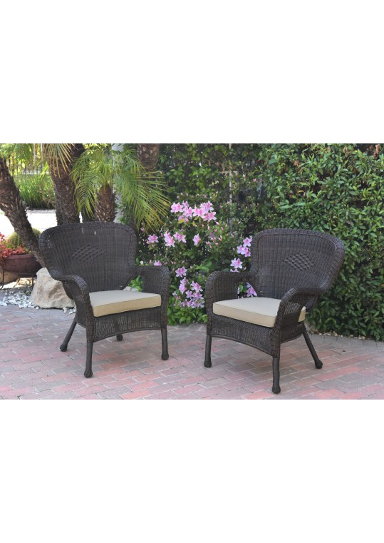 Set of 2 Windsor Espresso Resin Wicker Chair with Tan Cushions