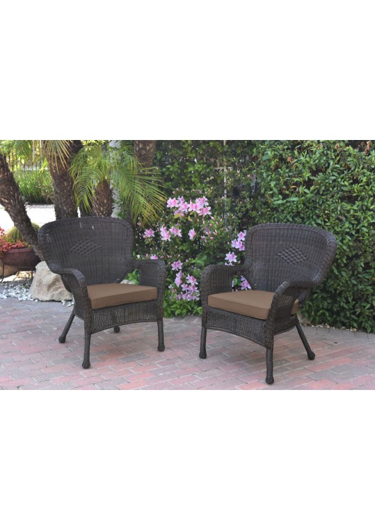 Set of 2 Windsor Espresso Resin Wicker Chair with Brown Cushions