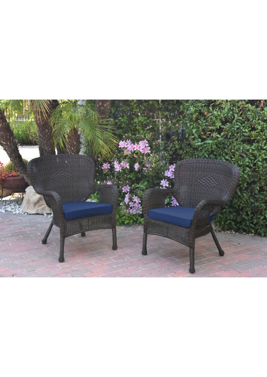 Set of 2 Windsor Espresso Resin Wicker Chair with Midnight Blue Cushions