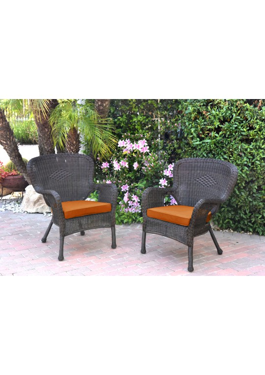 Set of 2 Windsor Espresso Resin Wicker Chair with Orange Cushions