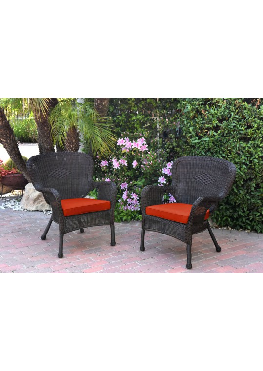 Set of 2 Windsor Espresso Resin Wicker Chair with Brick Red Cushions