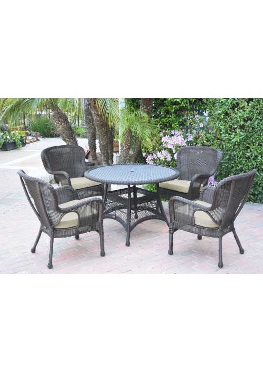 5pc Windsor Espresso Wicker Dining Set with Tan Cushions