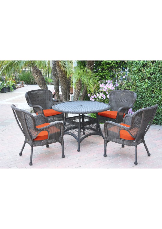 5pc Windsor Espresso Wicker Dining Set with Orange Cushions