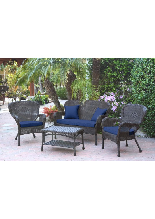 4pc Windsor Espresso Wicker Conversation Set - Midnight Blue Cushions