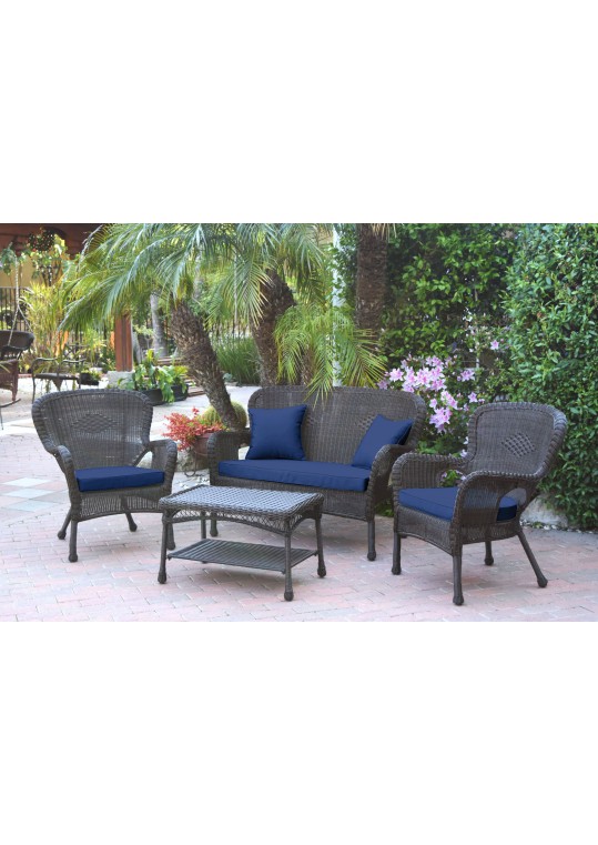 4pc Windsor Espresso Wicker Conversation Set - Midnight Blue Cushions