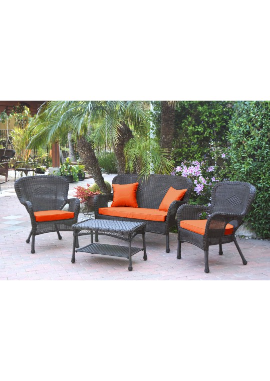 4pc Windsor Espresso Wicker Conversation Set - Orange Cushions