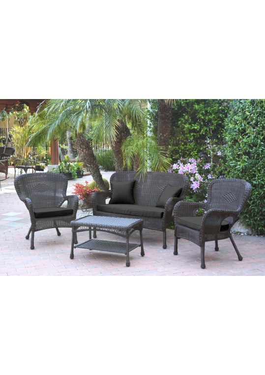 4pc Windsor Espresso Wicker Conversation Set - Black Cushions