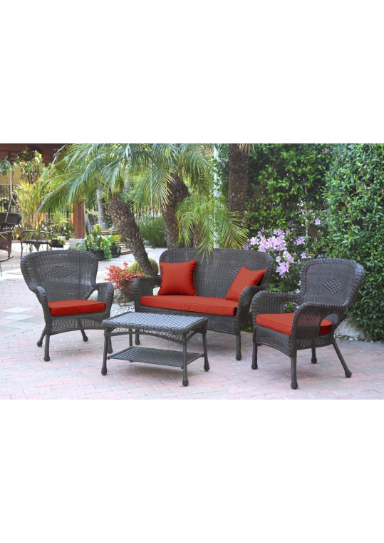 4pc Windsor Espresso Wicker Conversation Set - Brick Red Cushions