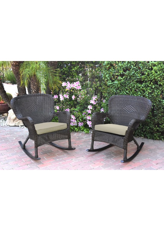 Set of 2 Windsor Espresso Resin Wicker Rocker Chair with Tan Cushions