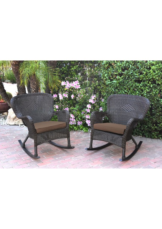 Set of 2 Windsor Espresso Resin Wicker Rocker Chair with Brown Cushions