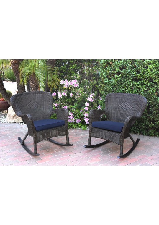Set of 2 Windsor Espresso Resin Wicker Rocker Chair with Midnight Blue Cushions