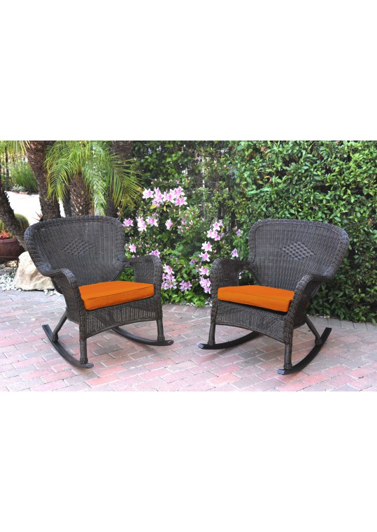 Set of 2 Windsor Espresso Resin Wicker Rocker Chair with Orange Cushions