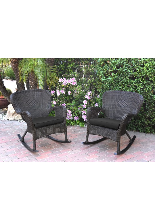Set of 2 Windsor Espresso Resin Wicker Rocker Chair with Black Cushions