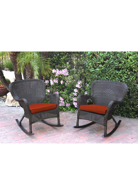Set of 2 Windsor Espresso Resin Wicker Rocker Chair with Brick Red Cushions