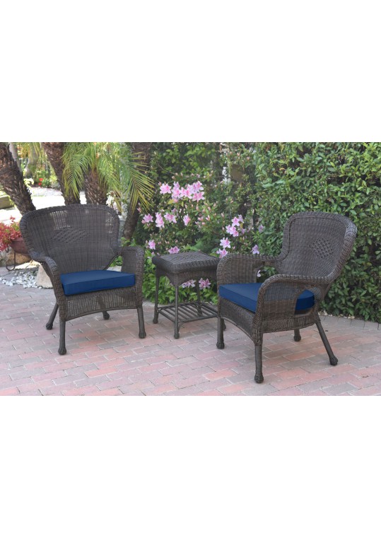 Windsor Espresso Wicker Chair And End Table Set With Midnight Blue Chair Cushion