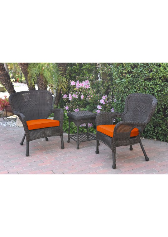 Windsor Espresso Wicker Chair And End Table Set With Orange Chair Cushion