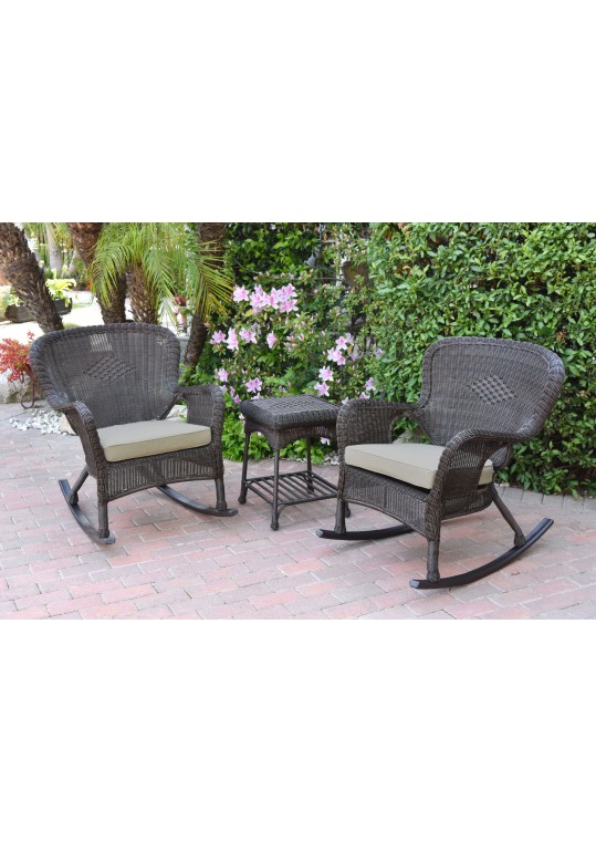 Windsor Espresso Wicker Rocker Chair And End Table Set With Tan Chair Cushion