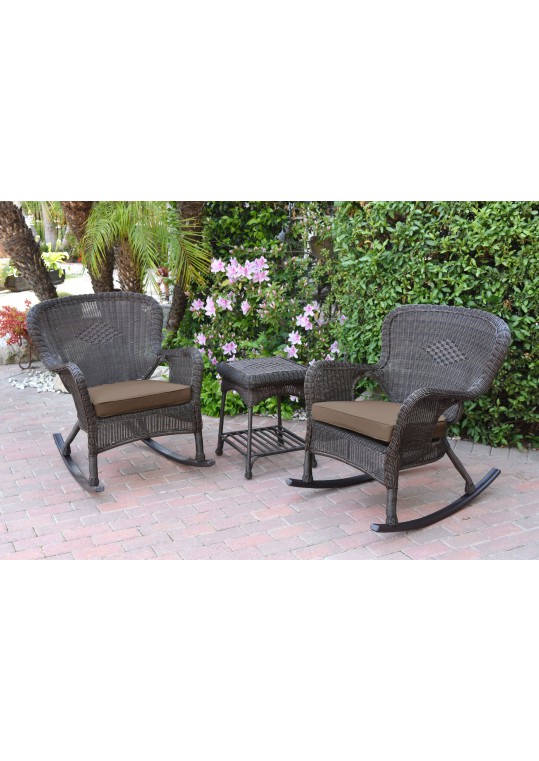 Windsor Espresso Wicker Rocker Chair And End Table Set With Brown Chair Cushion