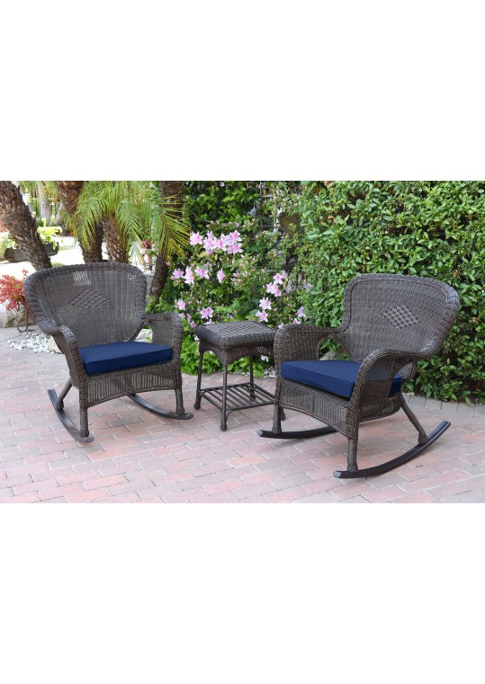Windsor Espresso Wicker Rocker Chair And End Table Set With Midnight Blue Chair Cushion
