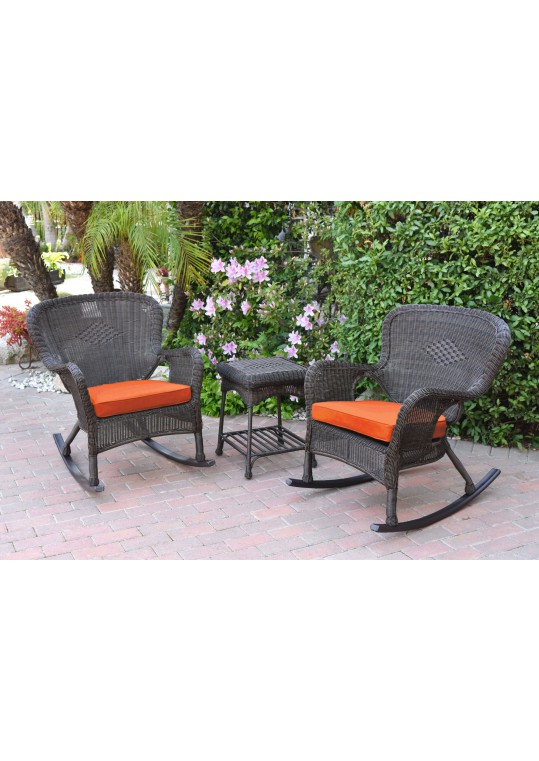 Windsor Espresso Wicker Rocker Chair And End Table Set With Orange Chair Cushion