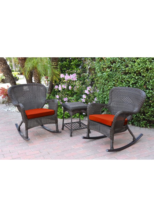 Windsor Espresso Wicker Rocker Chair And End Table Set With Brick Red Cushion