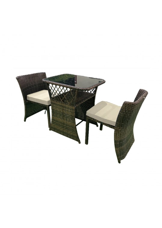 3PC WICKER CHAIR/TABLE BISTRO SET BROWN / IVRY CUSHION
