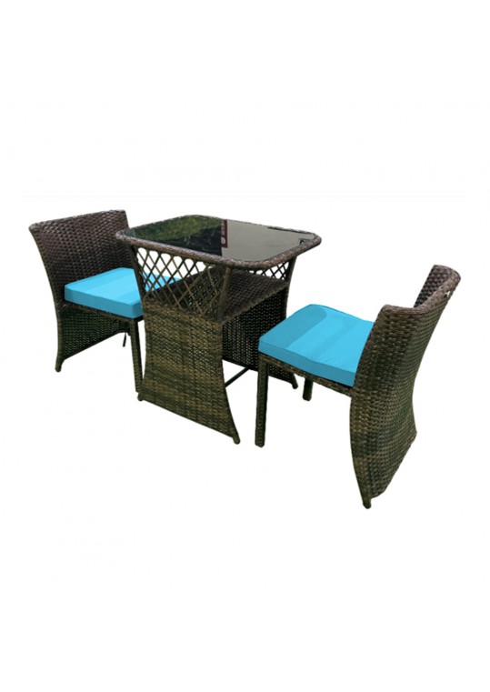 3PC WICKER CHAIR/TABLE BISTRO SET BROWN / TURQ CUSHION