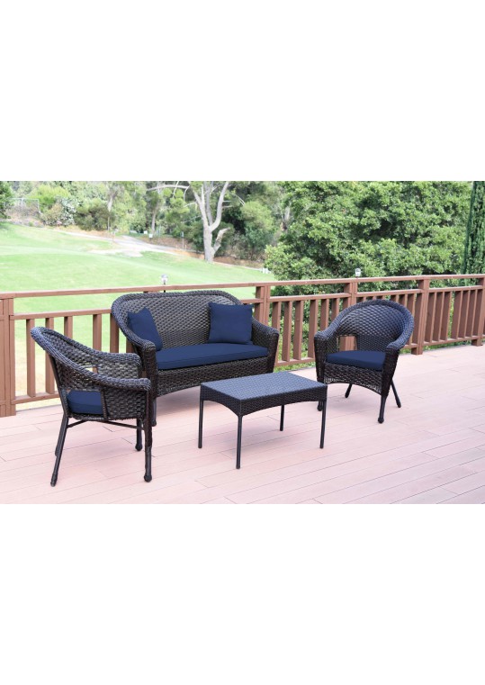 4pcs Espresso Resin Wicker Clark Conversation Set with Midnight Blue Cushion