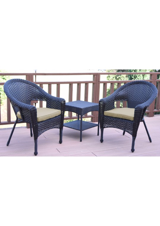 Set of 3 Espresso Resin Wicker Clark Single Chair with 2 inch Tan Cushion and End Table