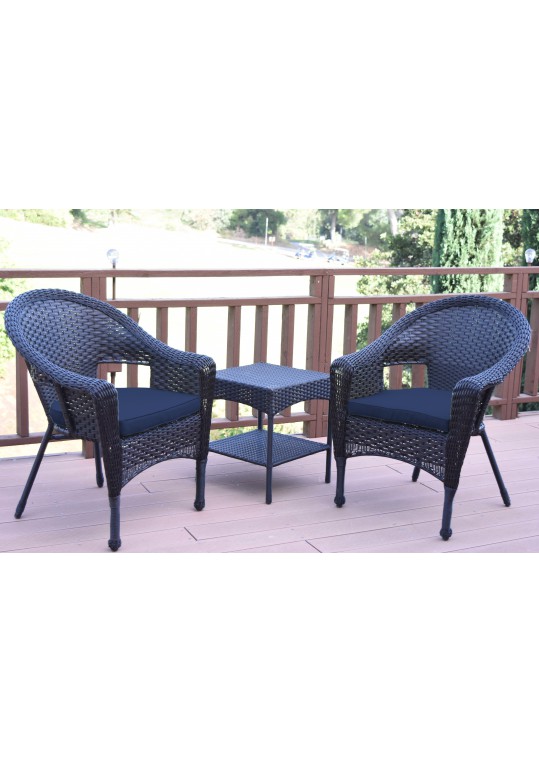 Set of 3 Espresso Resin Wicker Clark Single Chair with 2 inch Midnight Blue Cushion and End Table