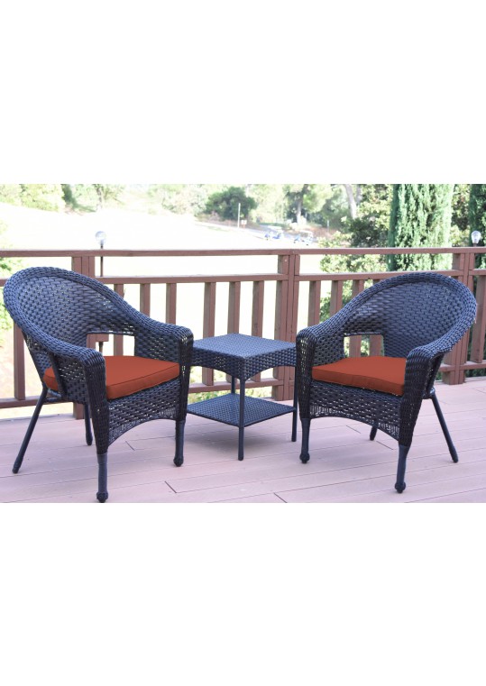Set of 3 Espresso Resin Wicker Clark Single Chair with 2 inch Brick Red Cushion and End Table